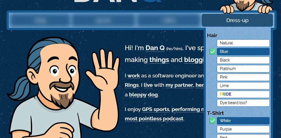 Screenshot from a future version of the DanQ.me homepage, showing a cartoon drawing of Dan waving, alongside a drop-down menu with options to customise his hair and t-shirt colour.