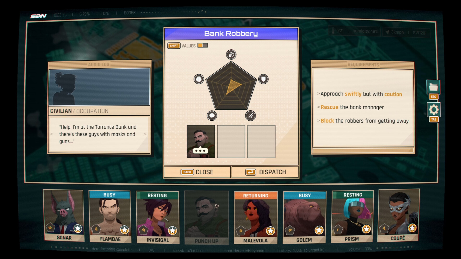 Full image of Dispatch interface showing popups describing a bank robbery in process, with the player dragging a hero called 'Punch Up' into one of the three available hero slots.