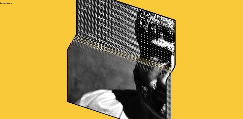 Framegrab from an animation showing a grayscale image being 'pushed through' a threshold map to produce a dithered monochrome image.