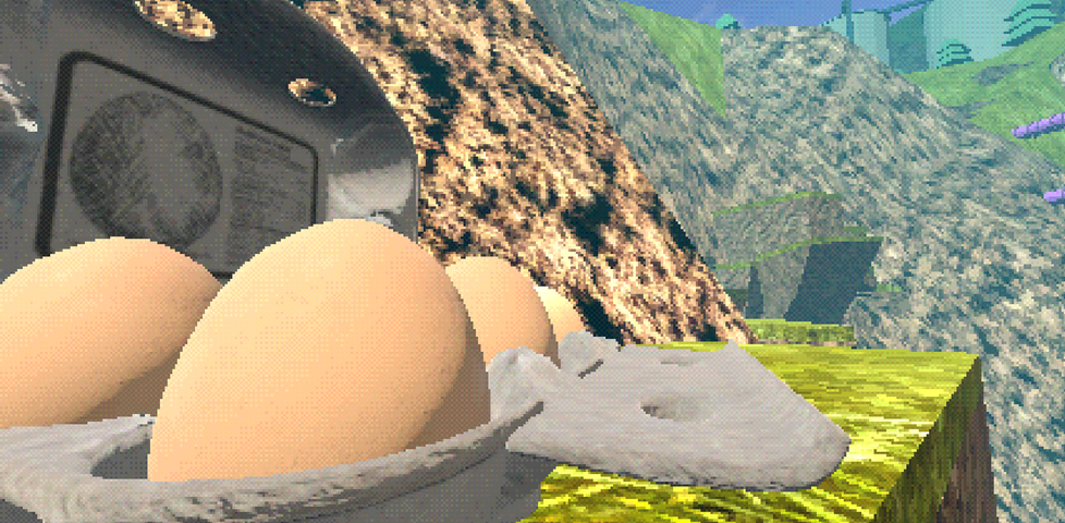 Pixelated screenshot showing a box of eggs perched precariously on a grassy cliff ledge, below some trees and structures and part of a purple pipe.