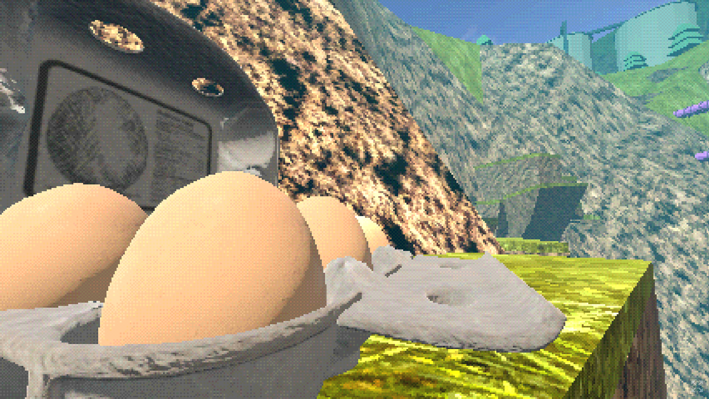Full image of Pixelated screenshot showing a box of eggs perched precariously on a grassy cliff ledge, below some trees and structures and part of a purple pipe.
