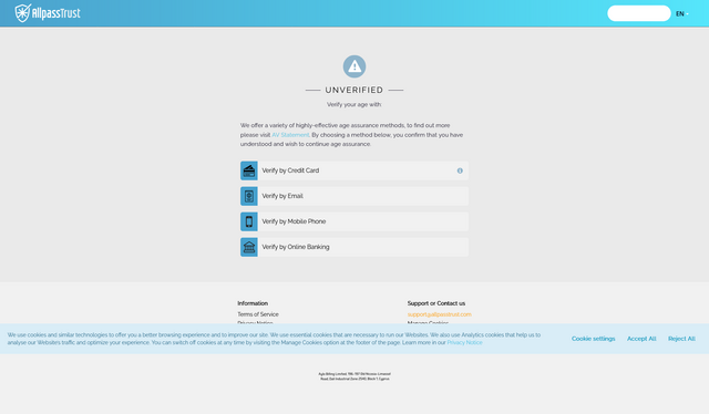 Screenshot from 'AllpassTrust', offering to verify my age either by 'credit card', 'email address', 'mobile phone', or 'online banking'.