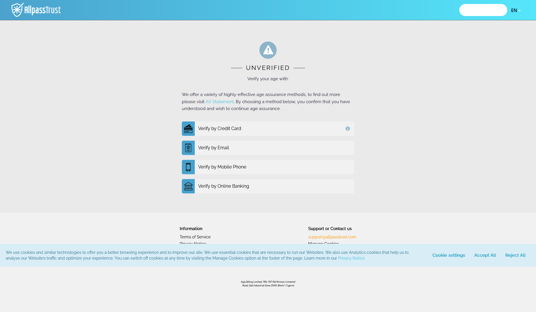 Full image of Screenshot from 'AllpassTrust', offering to verify my age either by 'credit card', 'email address', 'mobile phone', or 'online banking'.