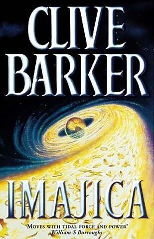 Cover for Imajica by Clive Barker. In a dark cosmos, the planet Earth is encircled by an approaching ribbon of gold, filled with various magical shapes: leaves, stars, spiders, birds, an ouroboros, etc.