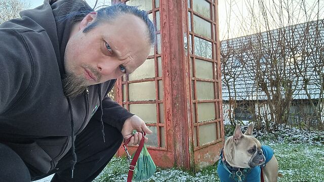 Dan, a white man with blue hair, looks confused alongside a French Bulldog, in front of a red telephone box.