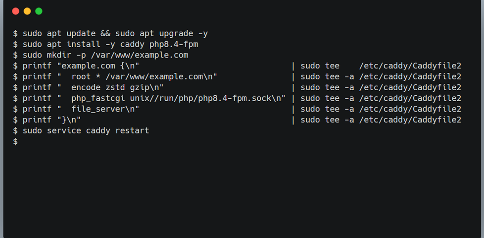 Screenshot of a MacOS terminal running commands to set up Caddy and PHP8.4 on a Debian server.