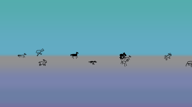 A collection of badly-drawn horses run across a gradient background.