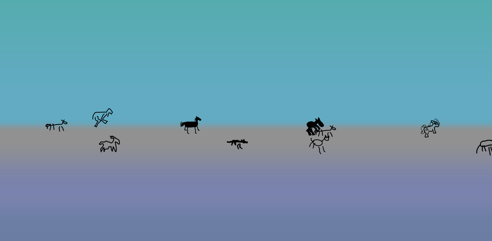A collection of badly-drawn horses run across a gradient background.