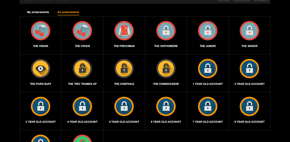Screenshot from Pornhub showing Dan Q's profile (0 subscribers, 1,000,000,000 videos watched)'s 'all achievements' page, listing all available achievements.