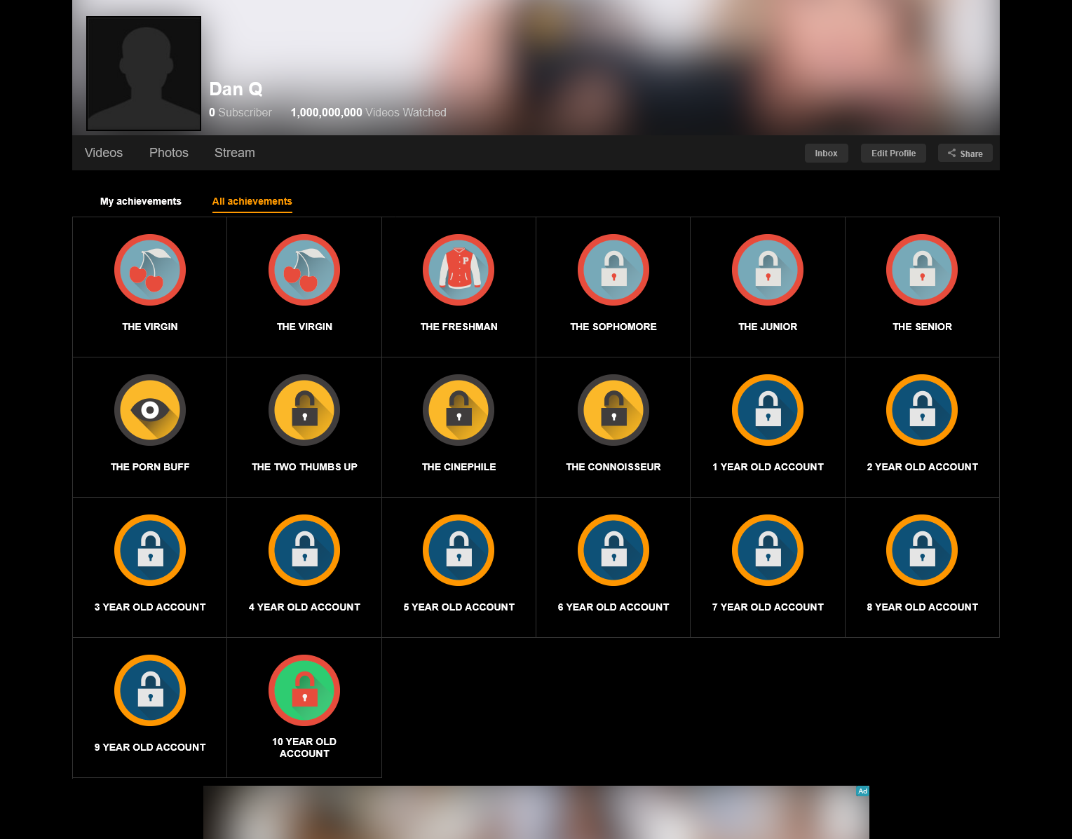 Full image of Screenshot from Pornhub showing Dan Q's profile (0 subscribers, 1,000,000,000 videos watched)'s 'all achievements' page, listing all available achievements.