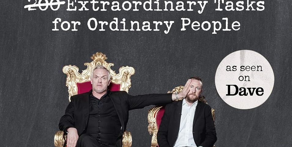 Cover of Taskmaster: 220 Extraordinary Tasks for Ordinary People, showing author Alex Horne, sitting on a small throne, being pushed in the face by Greg Davies, in a larger throne.