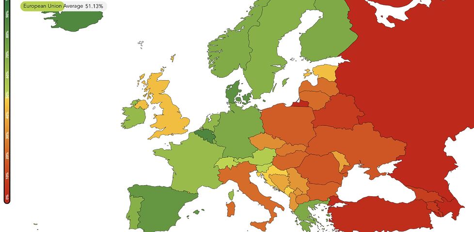 'Rainbow Map' of Europe. In general, the trend is that the further East you go, the weaker LGBT+ rights are, with Russia and Turkey being the worst, and the further West the better they get (with Belgium and Iceland excelling). There are a few exceptions, like Italy (less rights than you'd expect) and Greece (more rights than you'd expect), as well as standout Malta (topping the charts), but otherwise the trend is solid... except for the UK, which stands out as a weak performer in Western Europe, even compared to traditionally socially-conservative countries like Ireland and Switzerland.