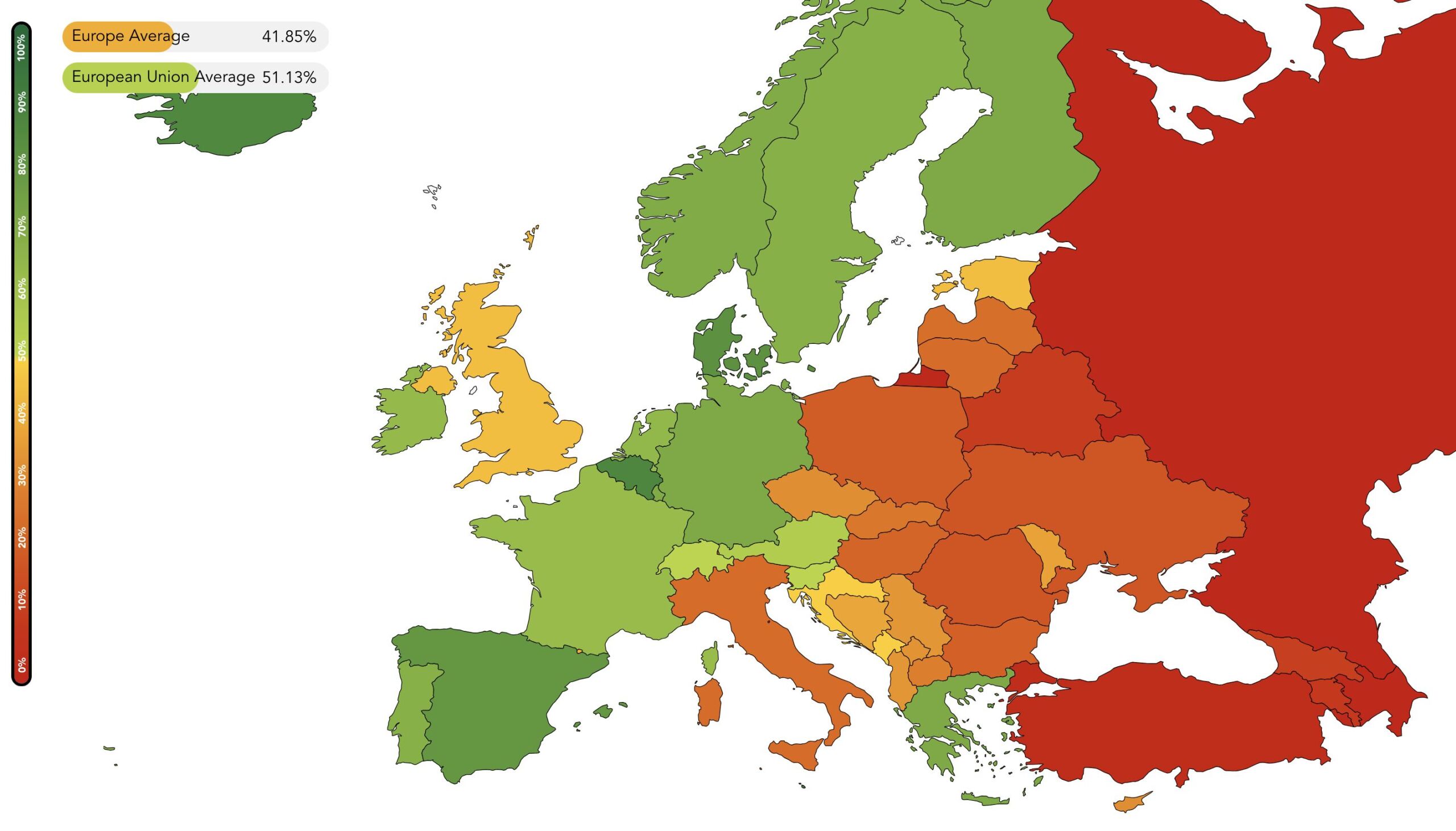 Full image of 'Rainbow Map' of Europe. In general, the trend is that the further East you go, the weaker LGBT+ rights are, with Russia and Turkey being the worst, and the further West the better they get (with Belgium and Iceland excelling). There are a few exceptions, like Italy (less rights than you'd expect) and Greece (more rights than you'd expect), as well as standout Malta (topping the charts), but otherwise the trend is solid... except for the UK, which stands out as a weak performer in Western Europe, even compared to traditionally socially-conservative countries like Ireland and Switzerland.