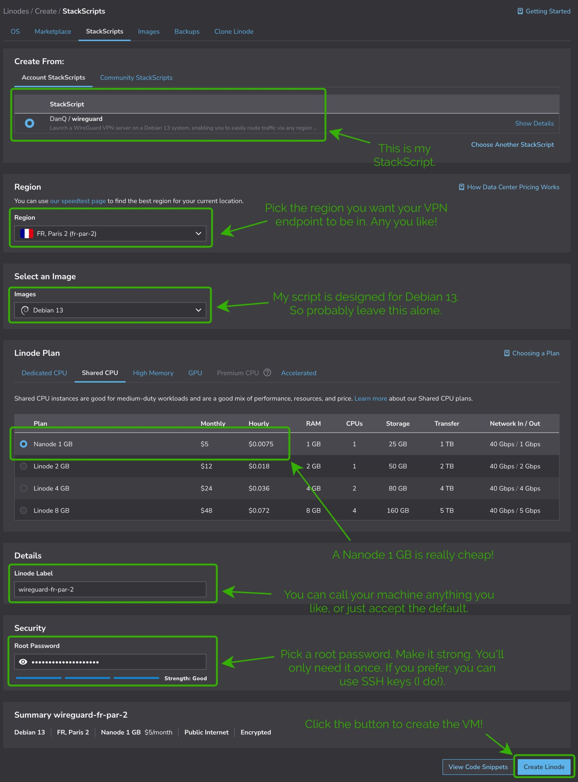 Full image of Linode configuration screenshot with the key options highlighted as described below.
