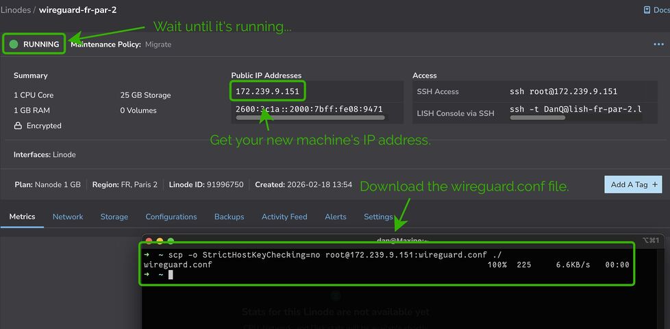 Screenshot of Linode's Web interface showing a running VM, overlaid with a terminal using SCP to download wireguard.conf from it.