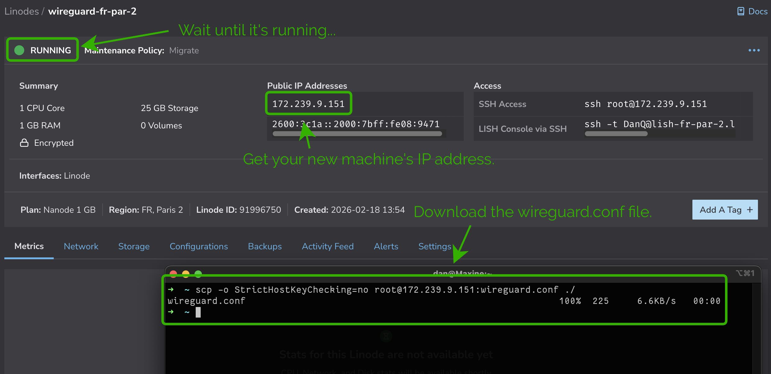 Full image of Screenshot of Linode's Web interface showing a running VM, overlaid with a terminal using SCP to download wireguard.conf from it.