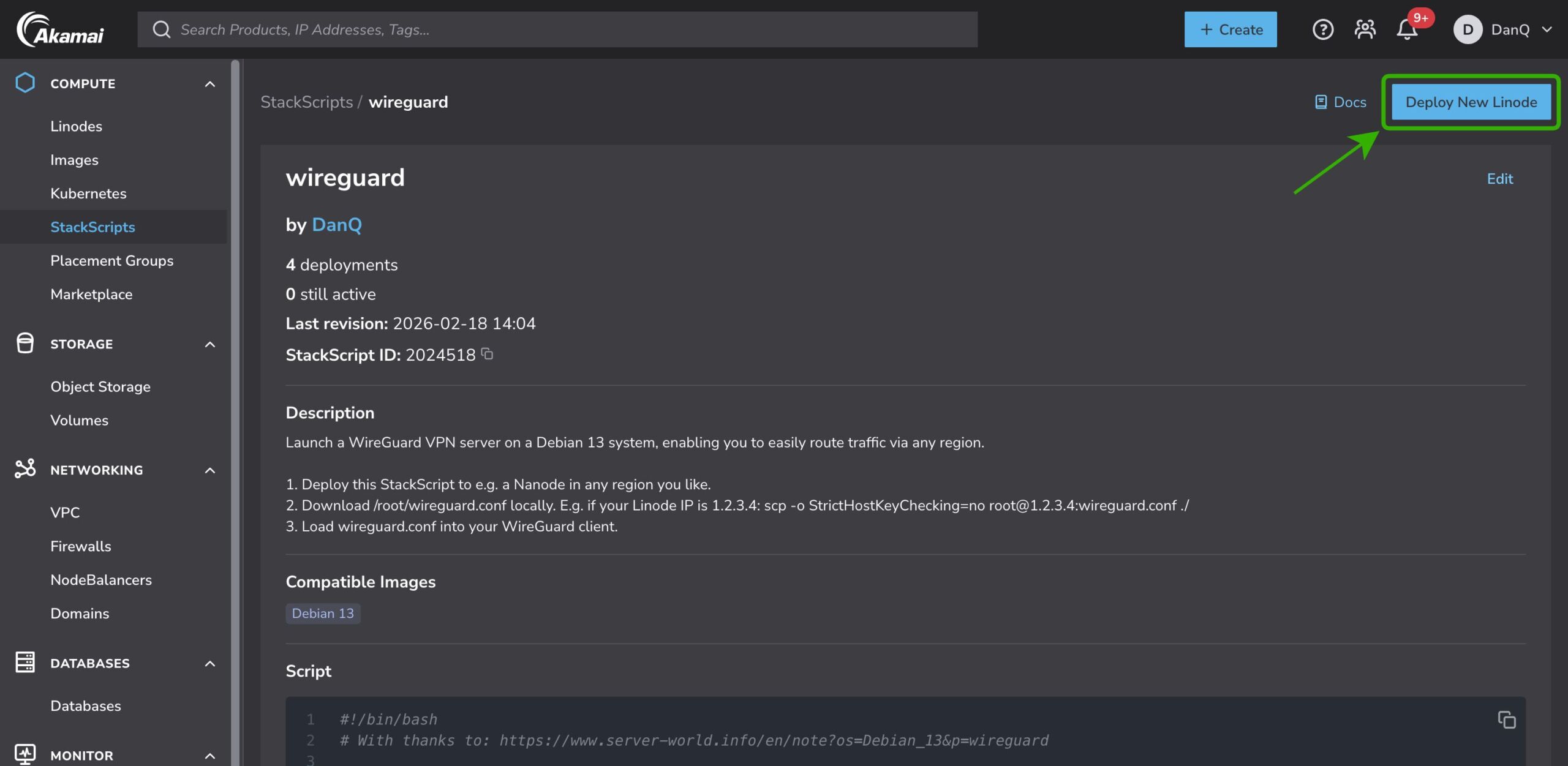 Full image of Screenshot from Linode's Web interface, showing my StackScript and indicating the location of the Deploy New Linode button.