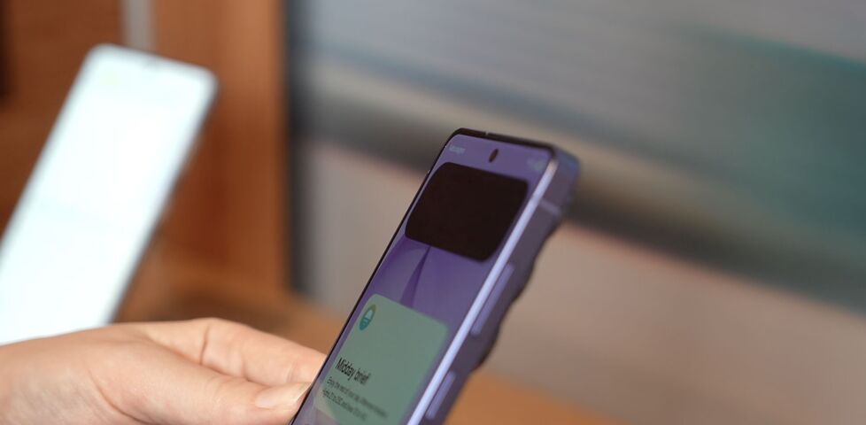 Photo showing a pre-release Samsung Galaxy S26 handset, viewed from sideways on. Most of the screen is visible, but a new notification is 'blacked out' and only visible to somebody viewing the screen from straight-on.