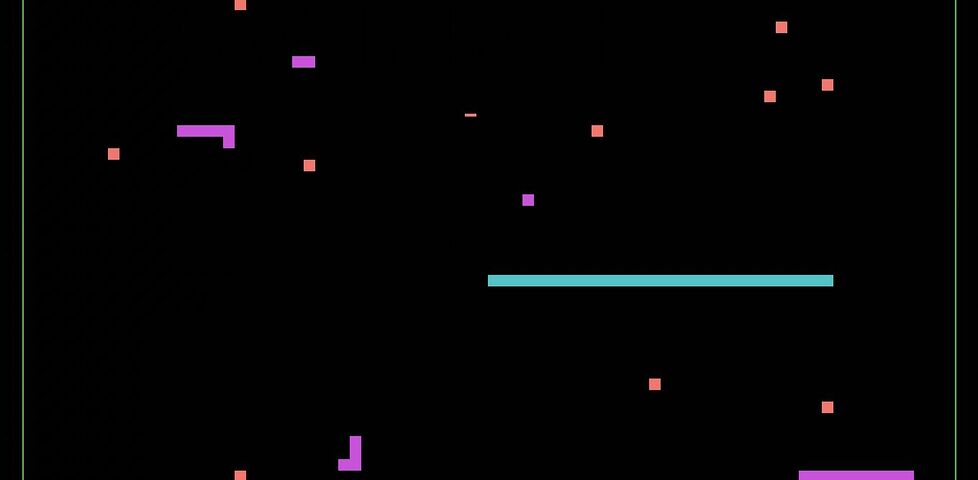 Screenshot of a game of snake: a medium-sized blue snake explores amongst several smaller purple snakes