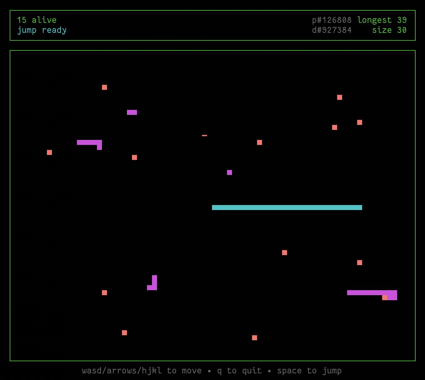 Full image of Screenshot of a game of snake: a medium-sized blue snake explores amongst several smaller purple snakes