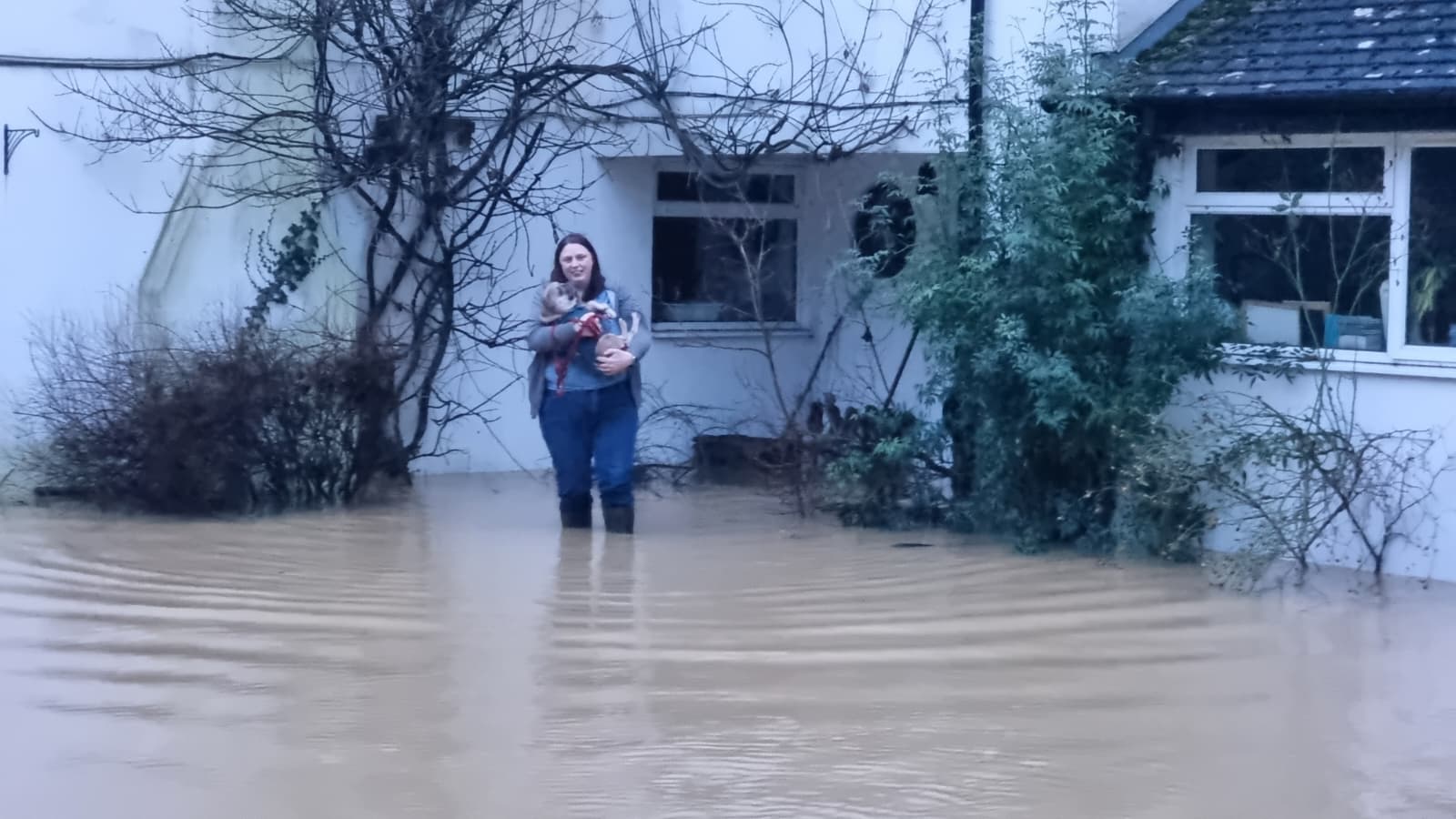 Full image of A woman carries a dog out of a flooded house.