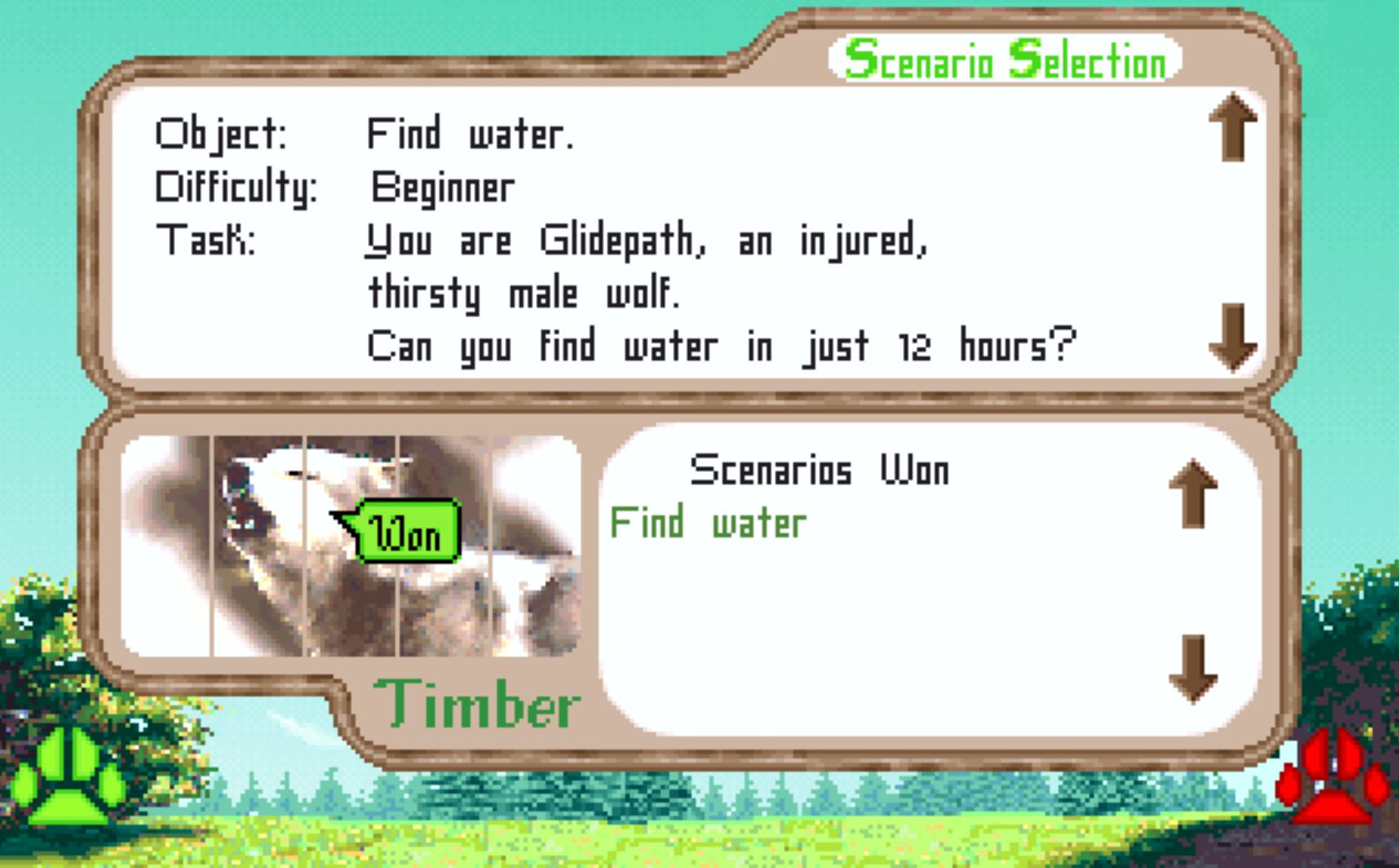 Full image of Screenshot from Wolf showing Scenario Selection with one 'won' scenario: help Glidepath (an injured, thirsty male wolf) find water.