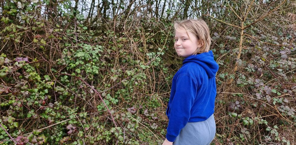 A boy looks over his shoulder as be begins to walk into a bramble bush.