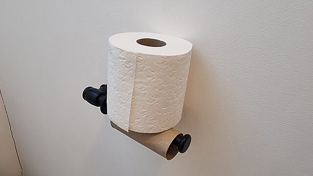 A nearly-full roll of toilet paper perched atop an empty toilet roll tube on an open-ended spindle.