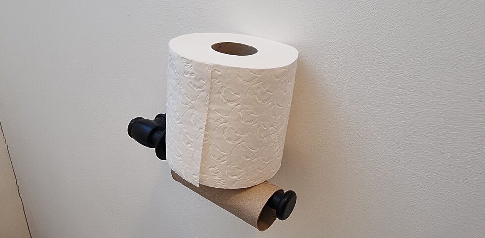 A nearly-full roll of toilet paper perched atop an empty toilet roll tube on an open-ended spindle.