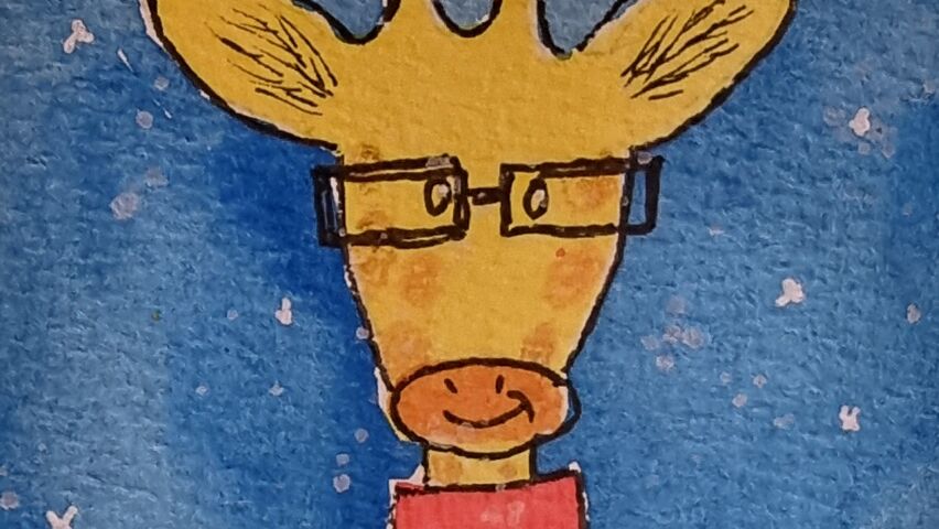 Watercolour painting of a giraffe's face, wearing glasses.
