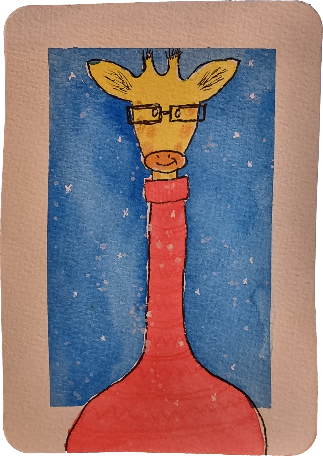 Full image of Watercolour painting of a giraffe wearing glasses and a wooly jumper, amidst a snowy sky.