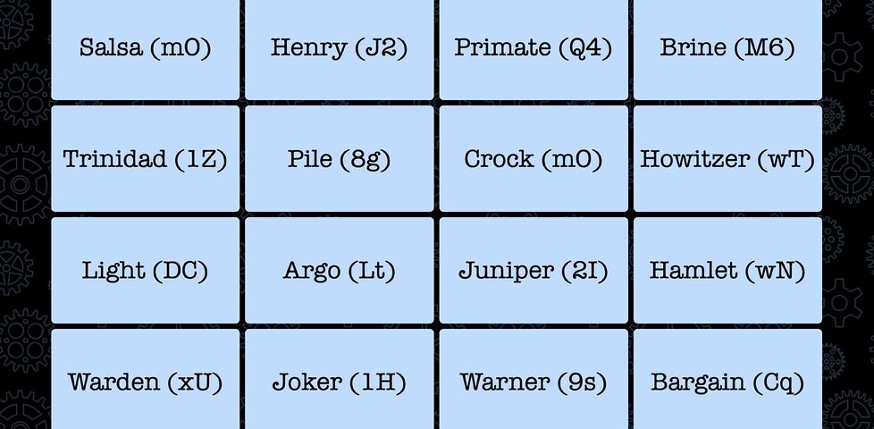 Grid of four by four words, each with an associated pair of letters.