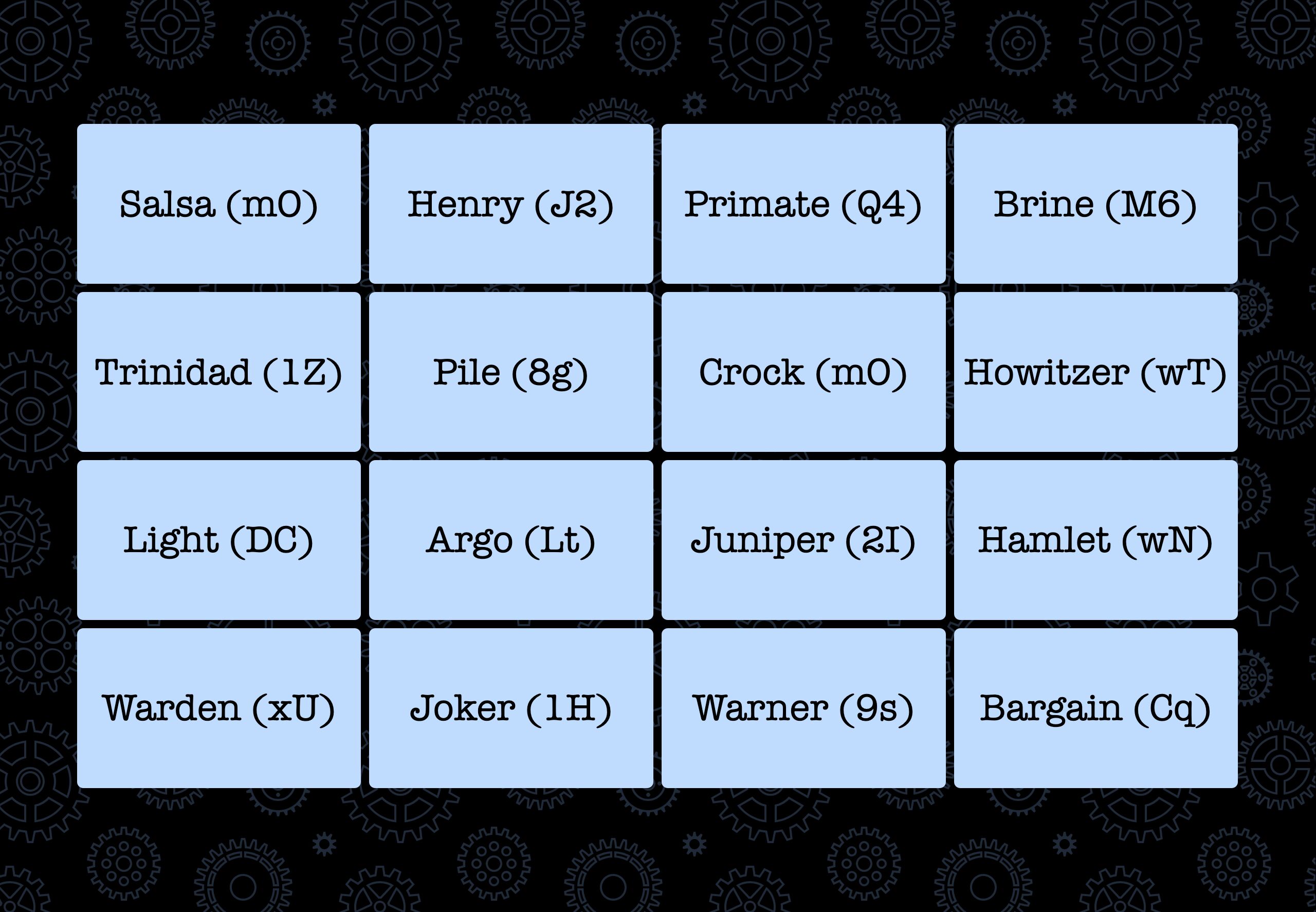 Full image of Grid of four by four words, each with an associated pair of letters.