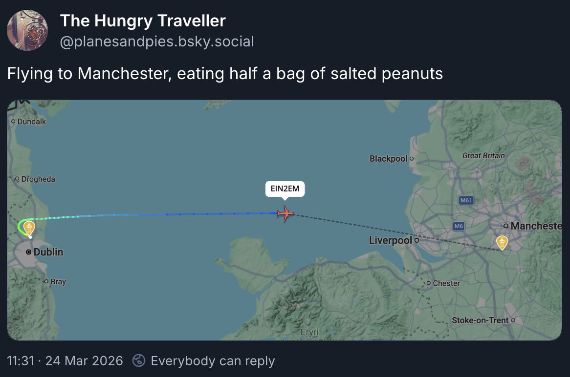 Full image of Bluesky status saying 'Flying to Manchester, eating half a bag of salted peanuts', with a FlightRadar24-style illustration of a plane half-way across its journey over the Irish Sea.
