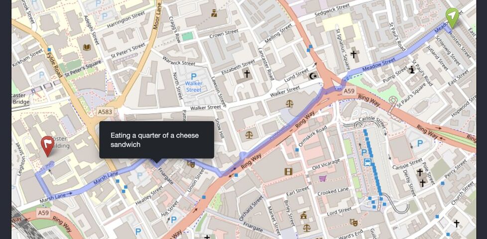 Mastodon status 'Walking to class, eating a cheese sandwich' with a map showing a route to a University campus with a walking route indicated, and a flag about three quarters of the way along labelled 'Eating a quarter of a cheese sandwich'.