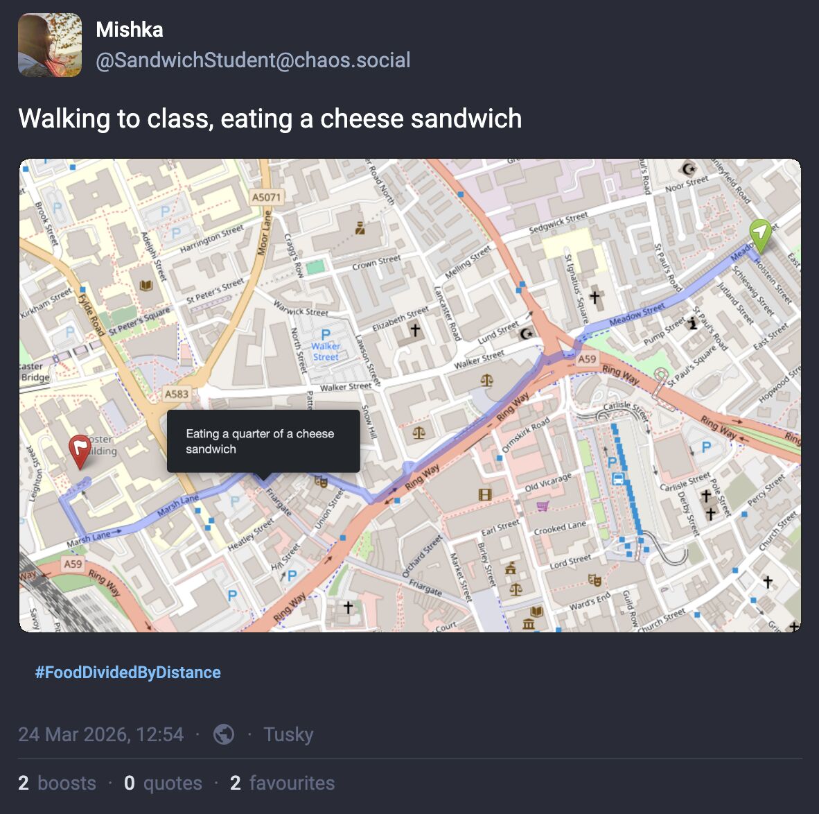 Full image of Mastodon status 'Walking to class, eating a cheese sandwich' with a map showing a route to a University campus with a walking route indicated, and a flag about three quarters of the way along labelled 'Eating a quarter of a cheese sandwich'.