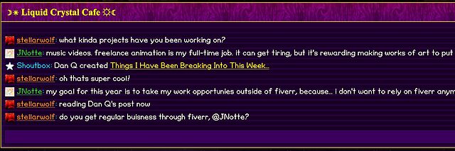 Simulated screenshot of the 'Liquid Crystal Cafe' chat room, in which user 'Shoutbox' has recently announced that 'Dan Q created Things I Have Been Breaking Into This Week...'.