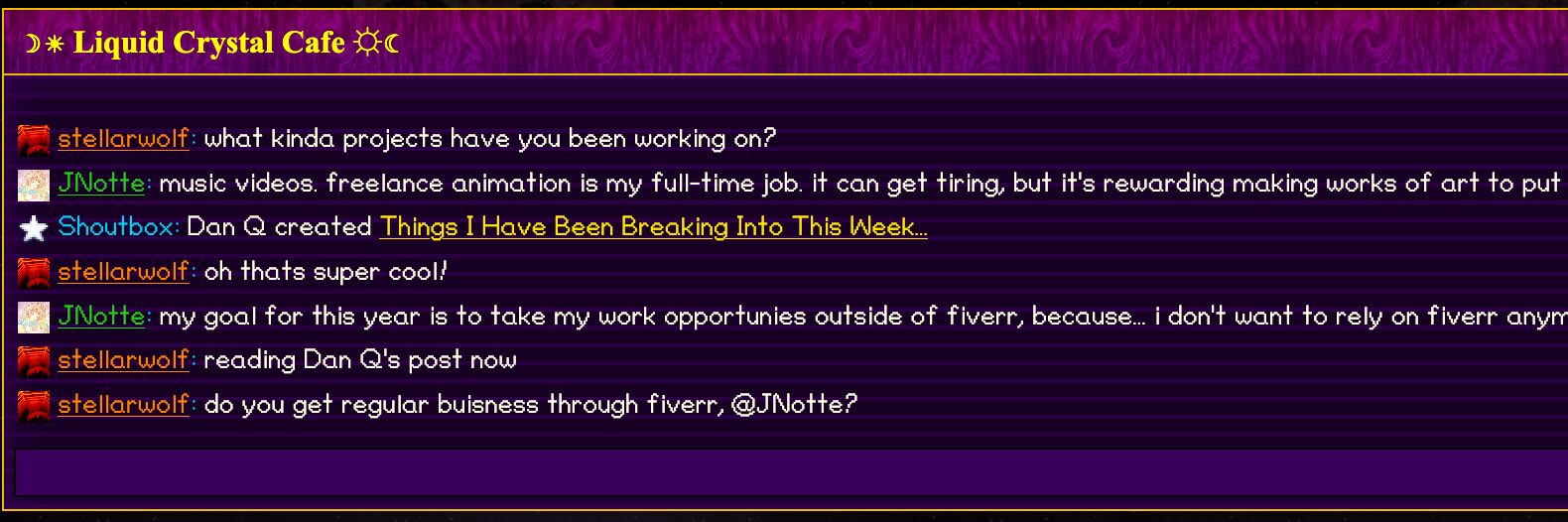 Full image of Simulated screenshot of the 'Liquid Crystal Cafe' chat room, in which user 'Shoutbox' has recently announced that 'Dan Q created Things I Have Been Breaking Into This Week...'.