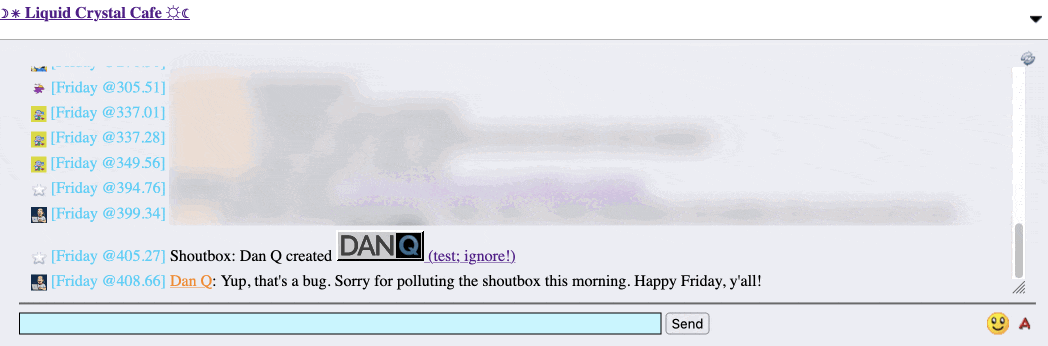 Full image of Screenshot of the same forum, but the new shoutbox message contains an 88×31 animated GIF that says 'Dan Q', where the 'Q' spins on its axis.