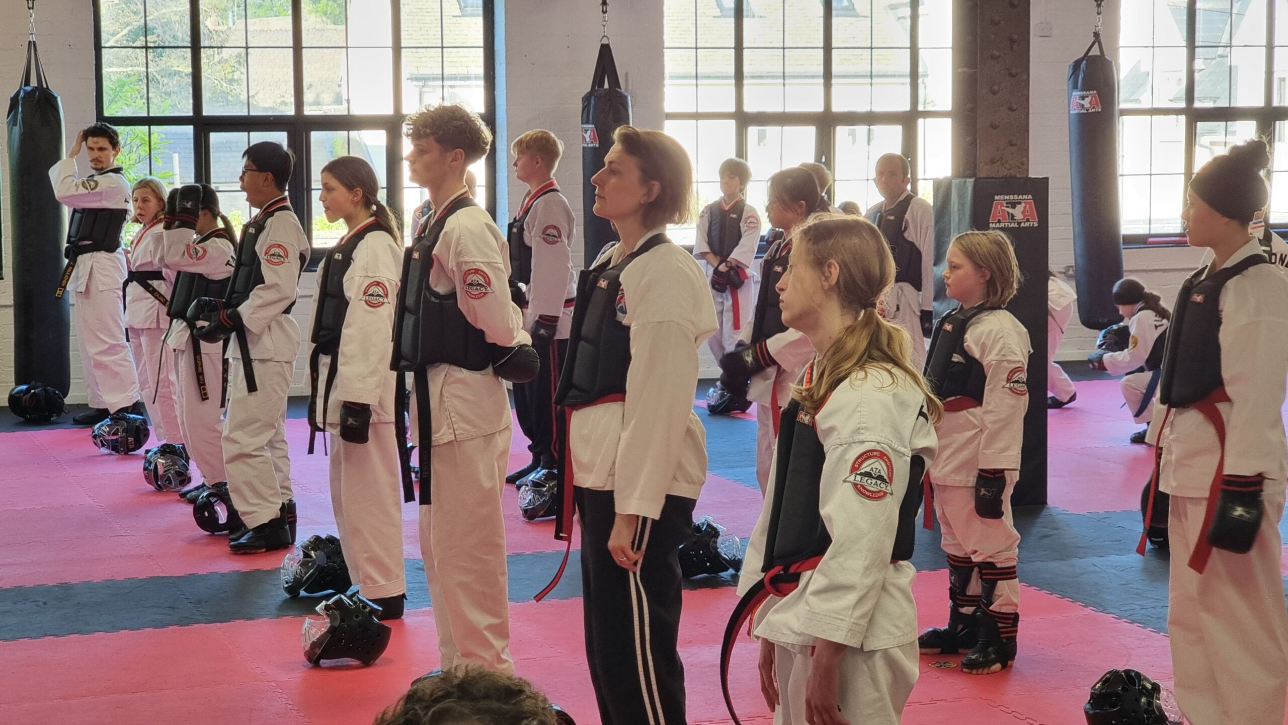 Full image of A mixed age group of people dressed in taekwondo robes with a mixture of red and black belts.