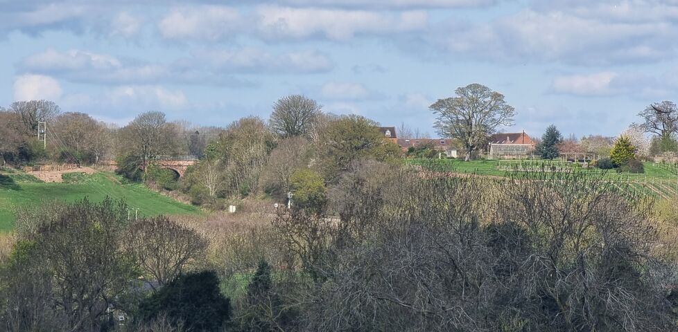 On the other side of a deep rural railway cutting, beyond a tall brick bridge, a large house stands above a vineyard.