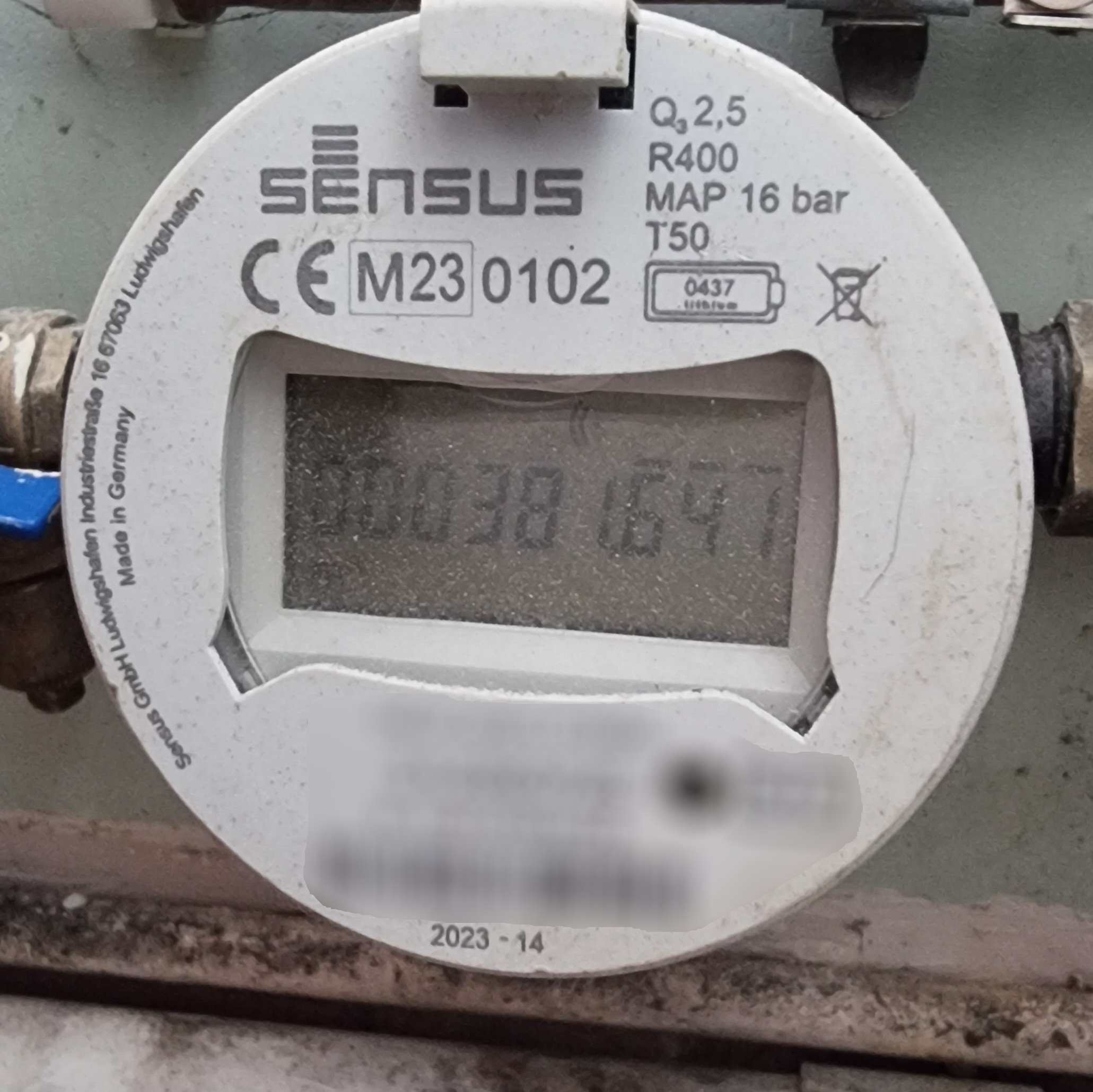 Full image of A digital water meter showing the value 381641.