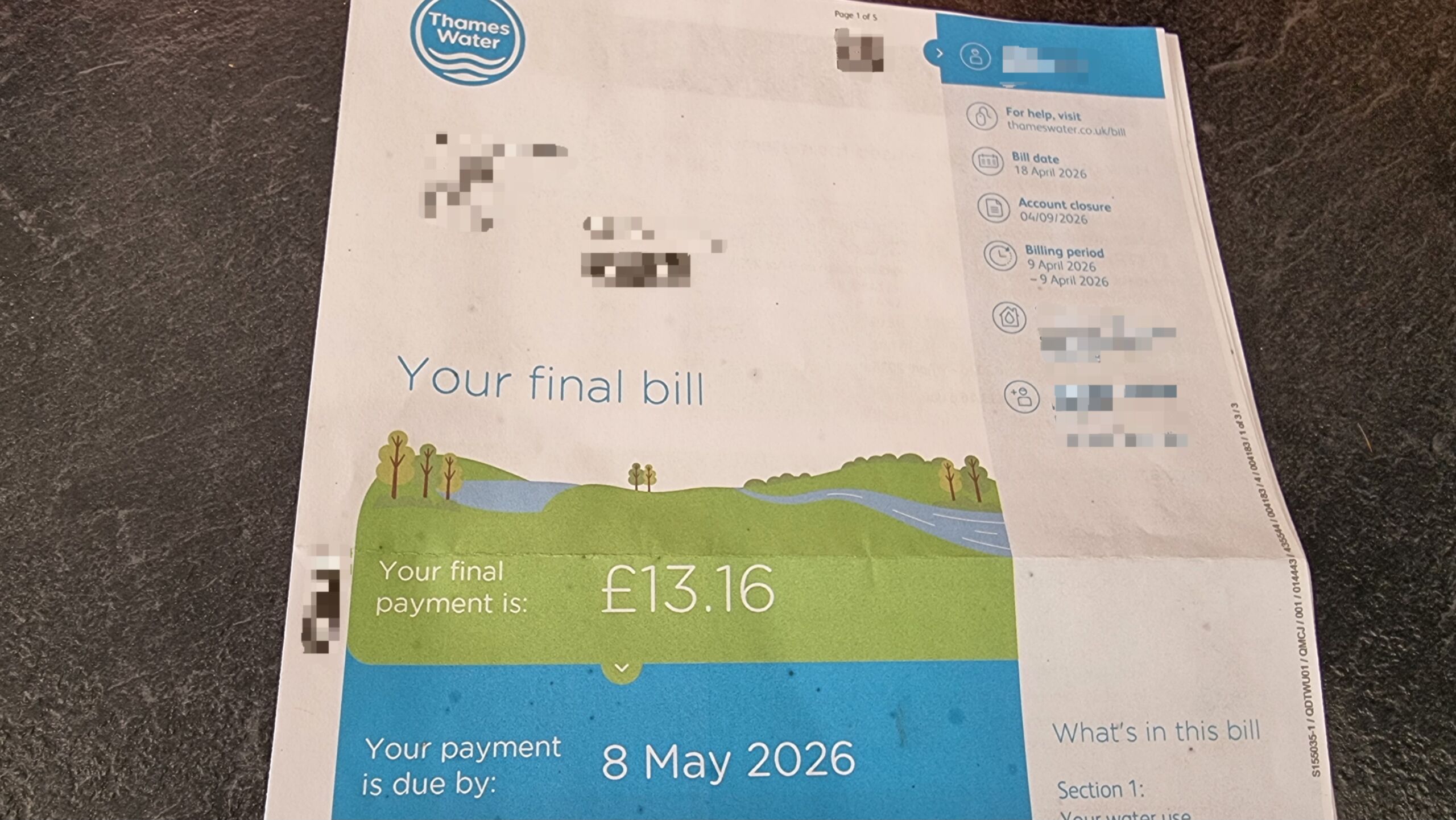 Full image of A Thames Water bill dated 18 April, for an account being closed '04/09/2026', covering a billing period of 9 April - 9 April, for £13.16.