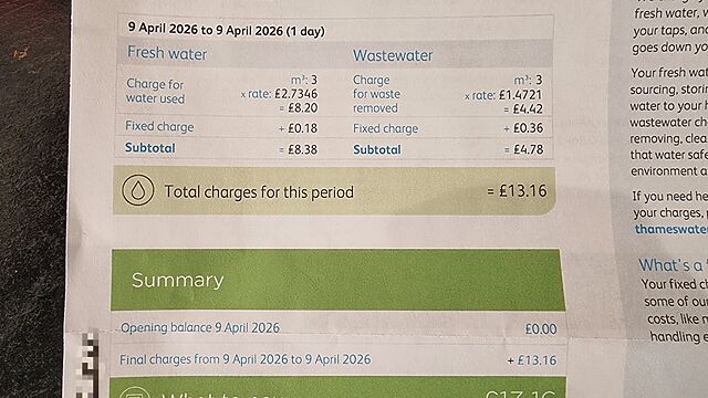 Breakdown of the '1 day' bill covering three cubic metres of water at £2.7346 (usage) and £1.4721 (sewerage), plus fixed charges, totalling £13.16.