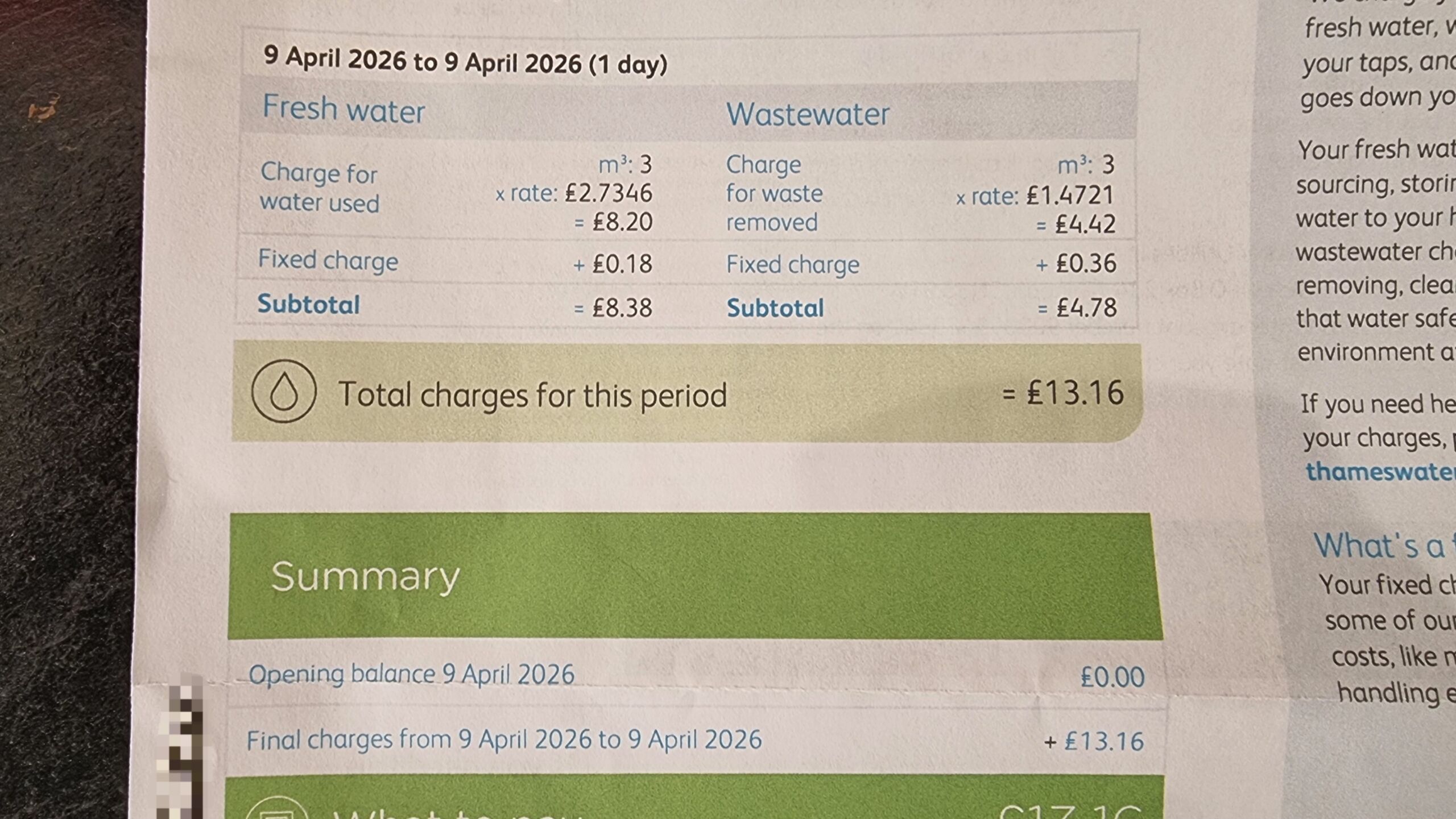 Full image of Breakdown of the '1 day' bill covering three cubic metres of water at £2.7346 (usage) and £1.4721 (sewerage), plus fixed charges, totalling £13.16.