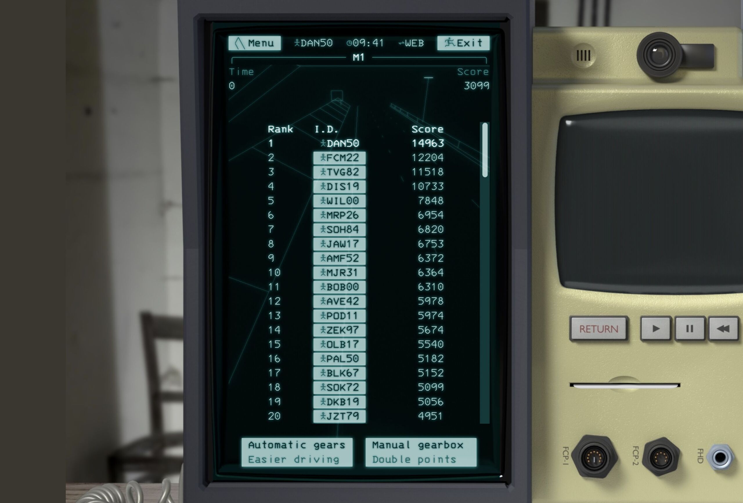 Full image of Screenshot from M1 on ARCC, showing the high-score table with DAN50 holding the top score of 14963 (second place scored 12204).
