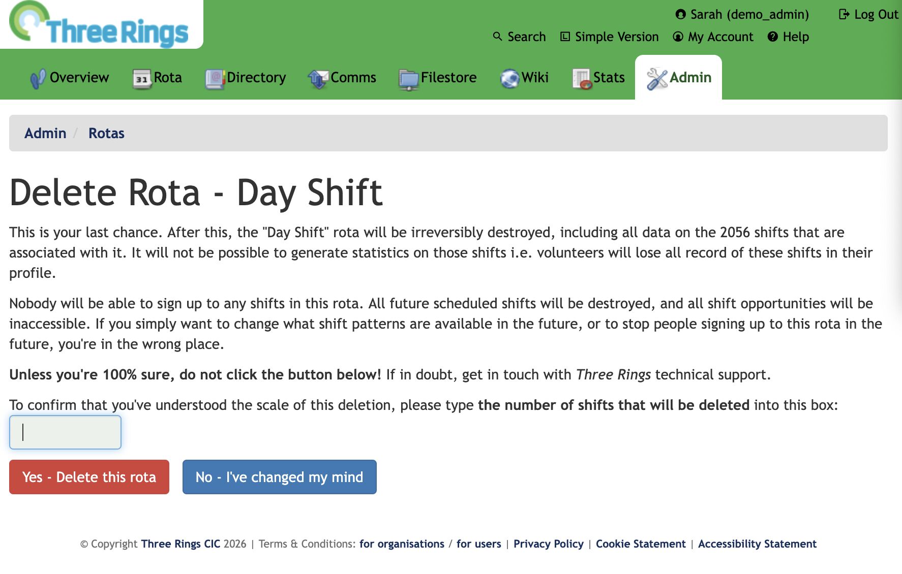 Full image of Screenshot of a pre-deletion warning page that says on the first line how many shifts will be deleted and then asks on the last line for the user to repeat that number back.