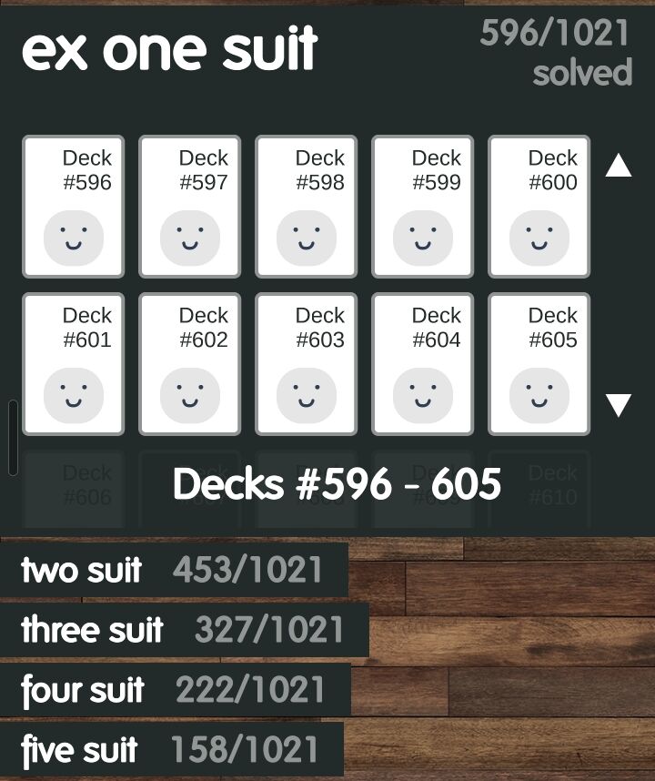 Full image of FlipFlop's Deck Selector, showing that I've completed 596/1021 ex one suit, 453/1021 two suit, 327/1021 three suit, 222/1021 four suit, and 158/1021 five suit.