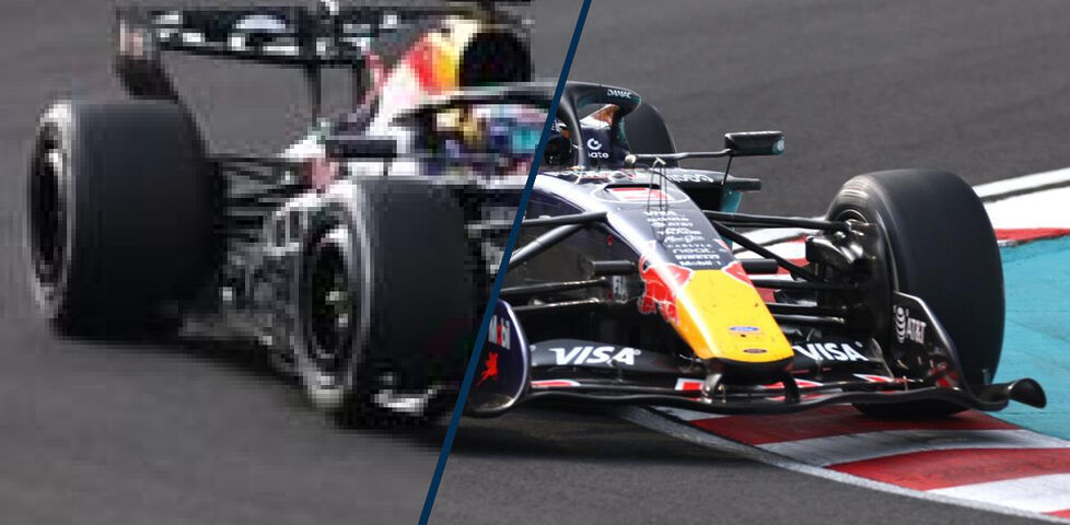 Image of an F1 car, half in a low, blocky resolution; half in full resolution.