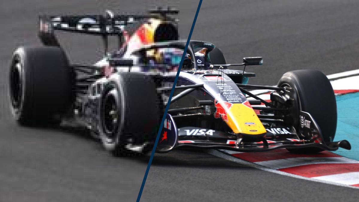 Full image of Image of an F1 car, half in a low, blocky resolution; half in full resolution.